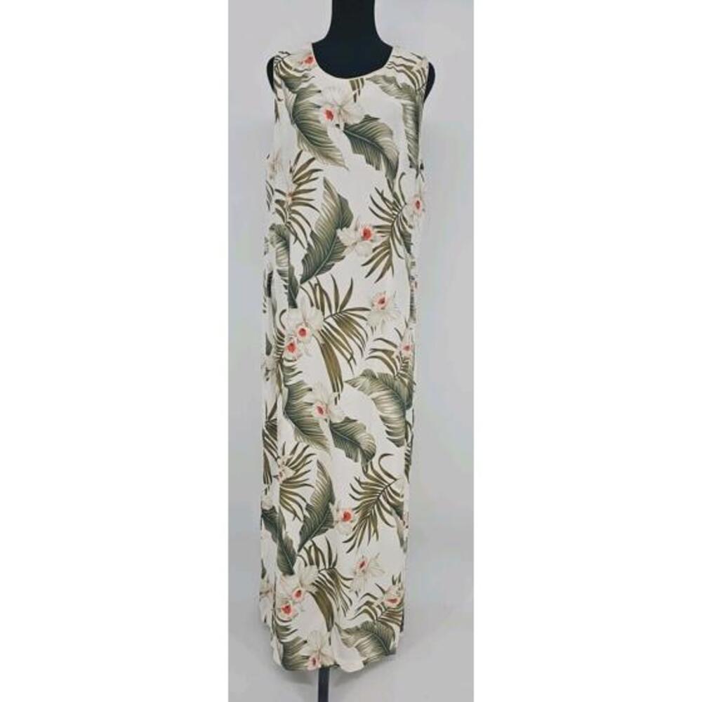 Vtg Royal Creations Hawaiian Dress XL Beige Orchids Made In Hawaii USA‎ Resort